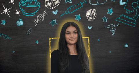 Himani Patel smiling in front of health icons