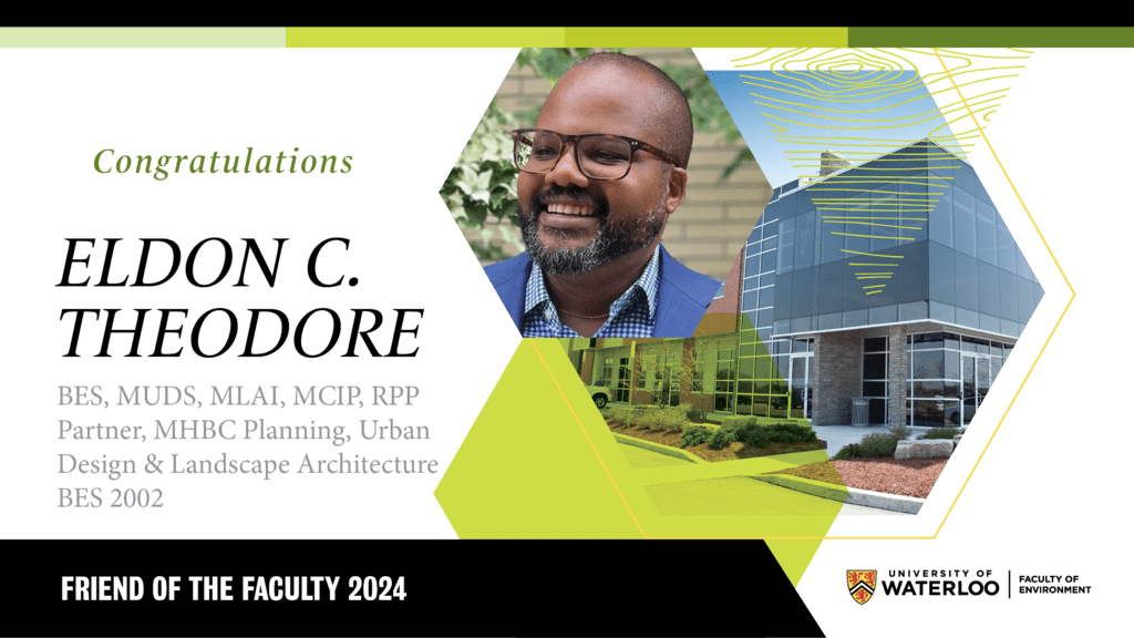 Congratulations Eldon C. Theadore ext on banner image with man smiling and a building in back drop