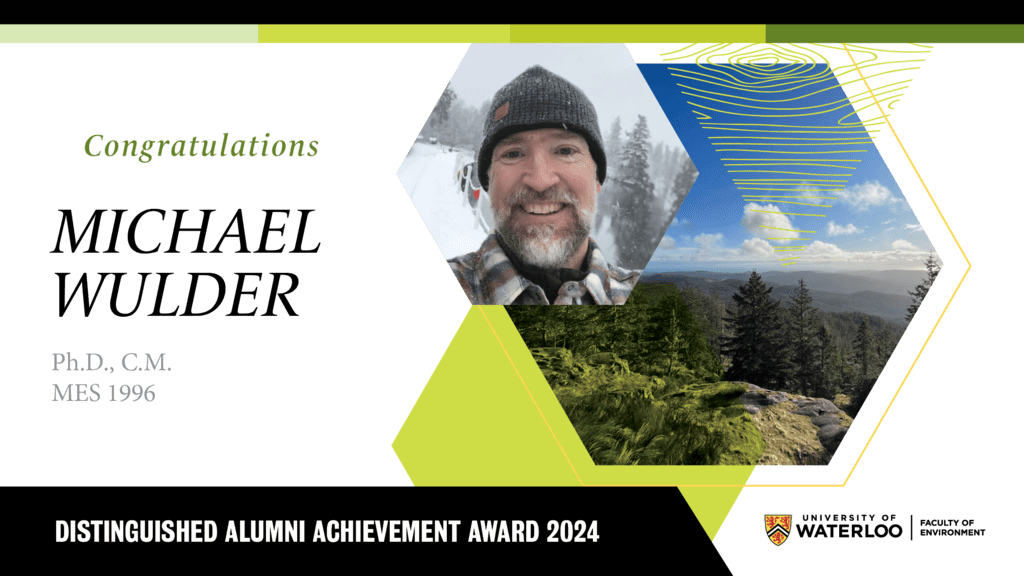 banner image with text Congratulations Micahel Wulder with man in snowy climate smiling and  backdrop of beautiful trees and scenery