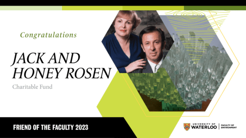 banner with text Congratulations Jack and Honey Rosen Charitable Fund with an image of a man and woman - a couple- posing for a photo and a glass sculpture in the background