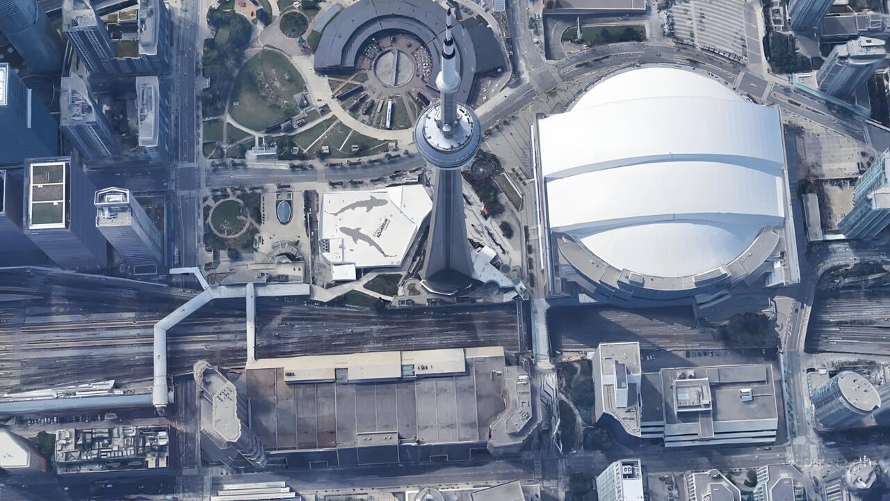 An aerial view of the CN Tower area of Toronto.